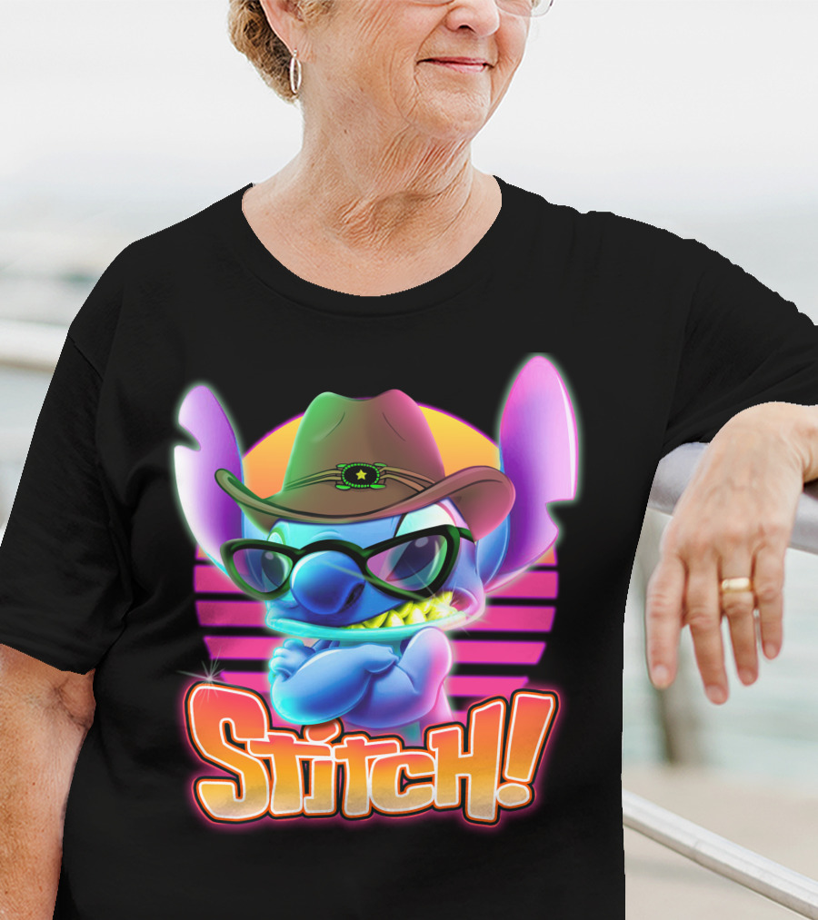Stitch Neon Retro Cowboy Style With Sunglasses T-Shirt