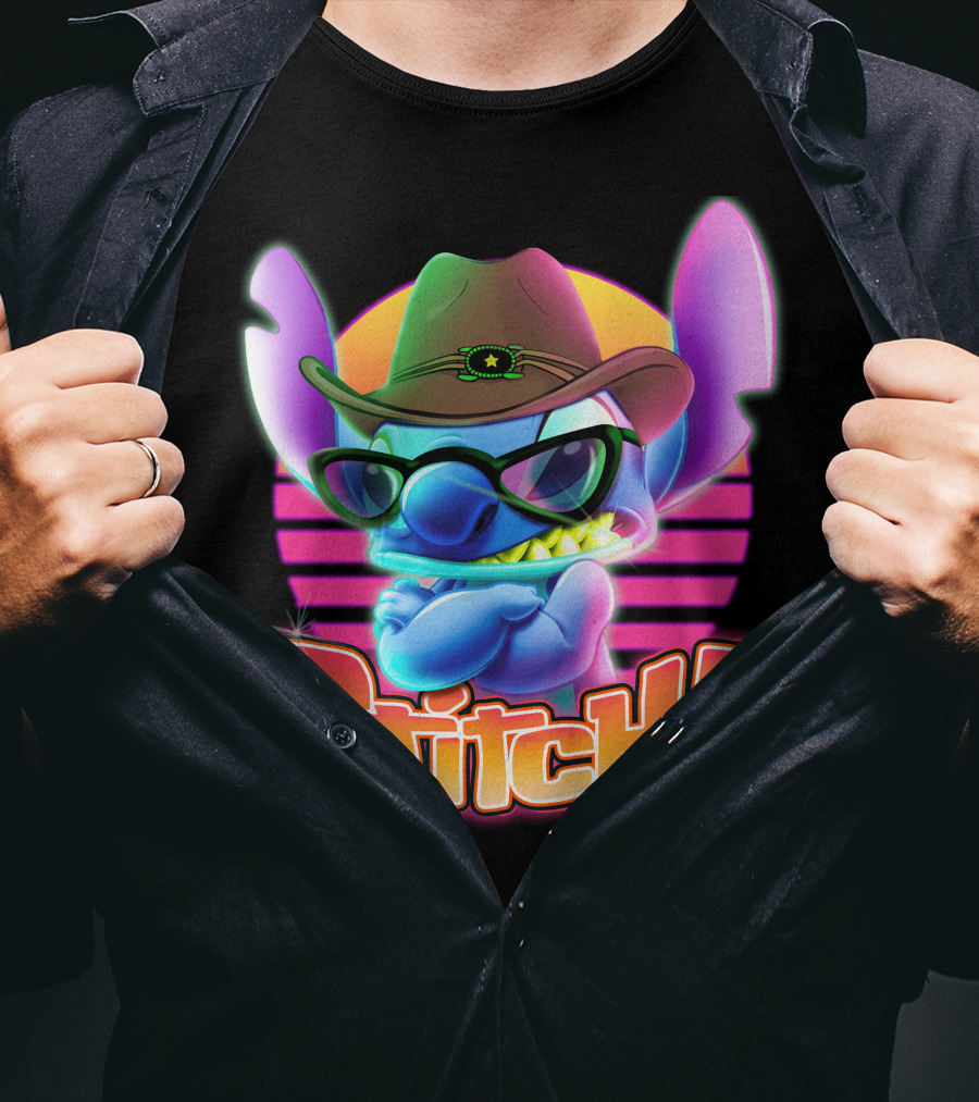 Stitch Neon Retro Cowboy Style With Sunglasses T-Shirt