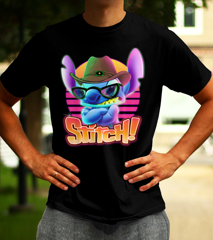 Stitch Neon Retro Cowboy Style With Sunglasses T-Shirt
