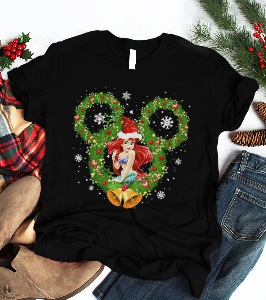 Ariel Christmas Holiday Wreath With Mickey Ears And Festive Bells T-Shirt