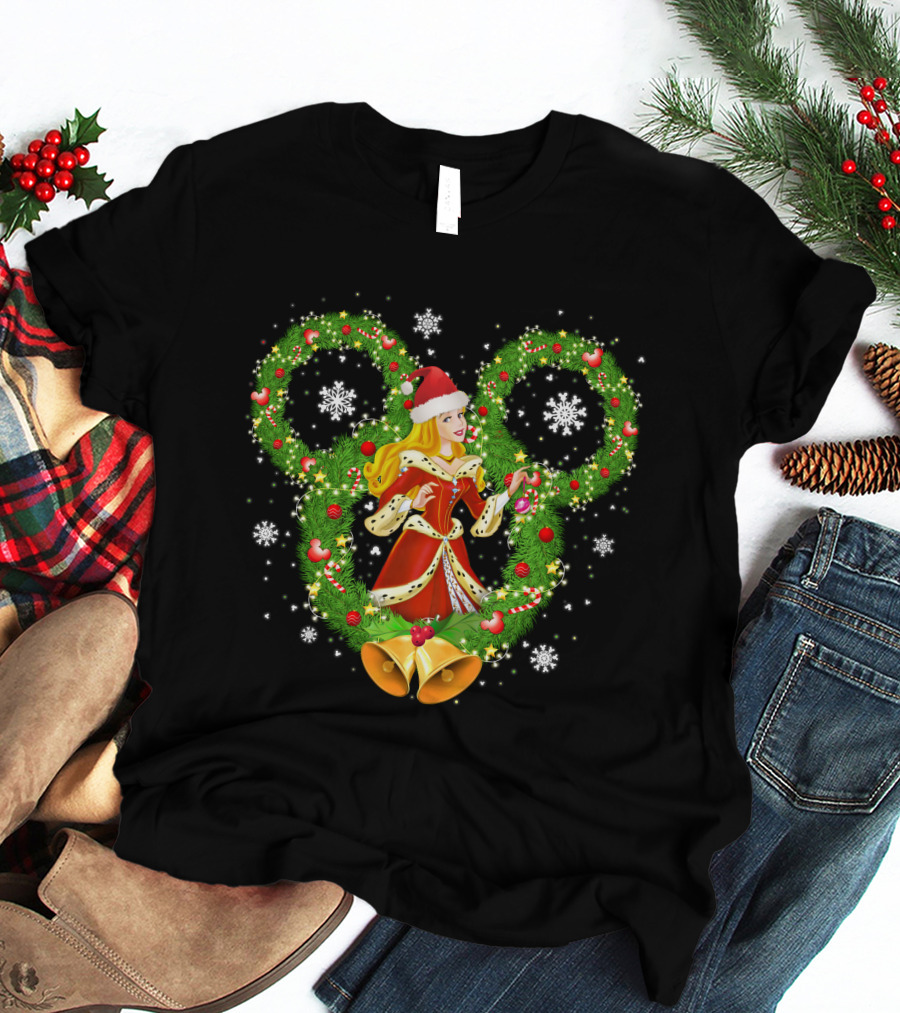 Aurora Christmas Wreath With Santa Hat And Bells Mickey Icon Snowflakes T-Shirt