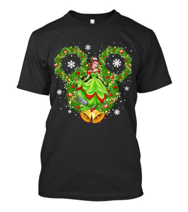 Belle Christmas Wreath Mickey Ears Snowflakes And Bells T-Shirt
