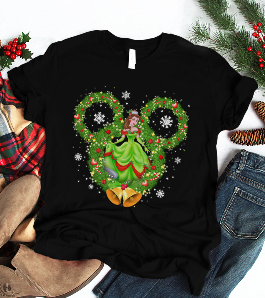Belle Christmas Wreath Mickey Ears Snowflakes And Bells T-Shirt