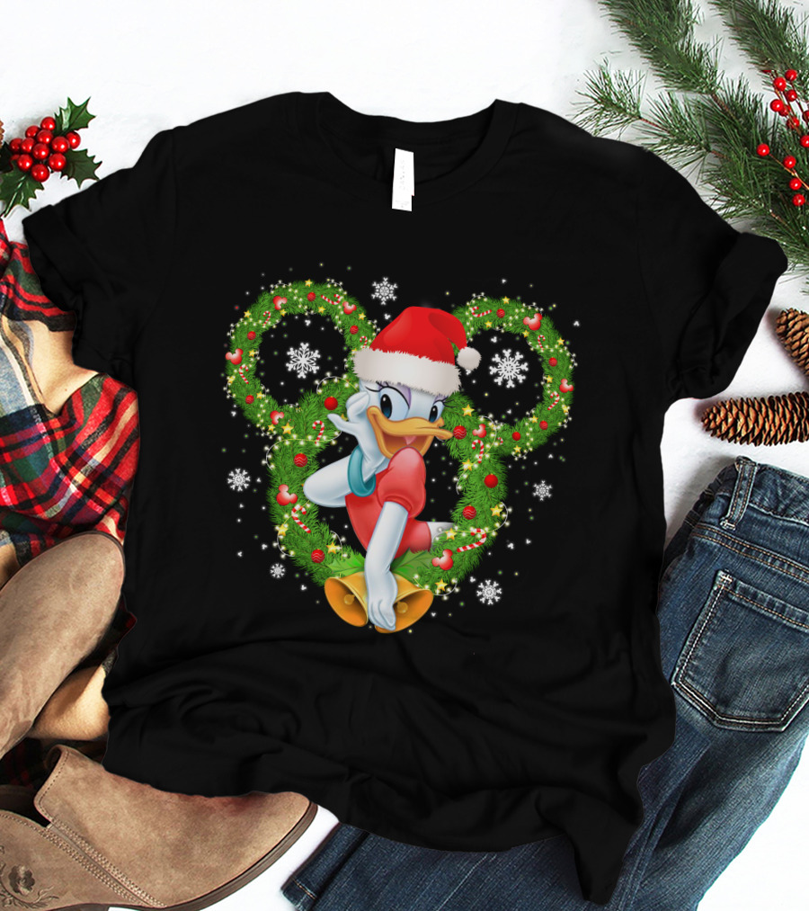 Daisy Duck Christmas Santa Hat Mickey Wreath Snowflakes T-Shirt