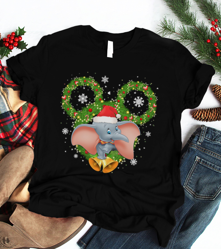 Dumbo Christmas Santa Hat Holiday Wreath Snowflakes T-Shirt