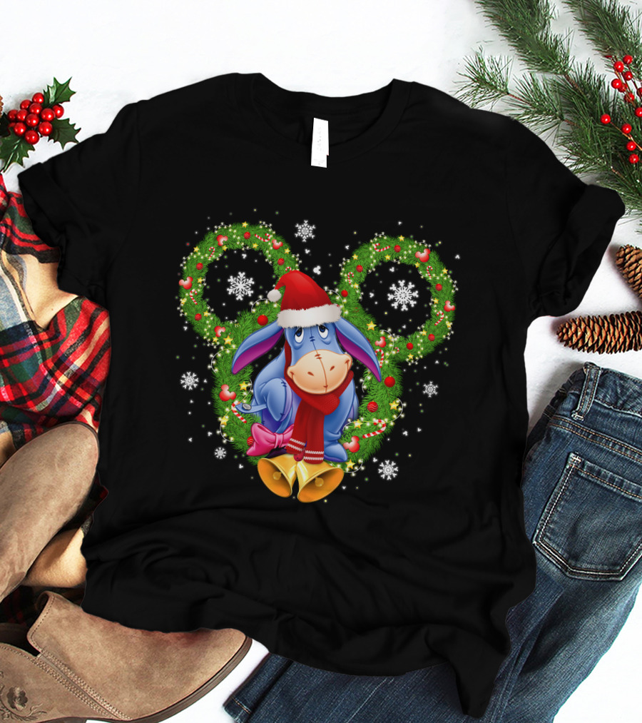 Eeyore Christmas Mickey Ears Wreath Snowflakes Santa Hat T-Shirt