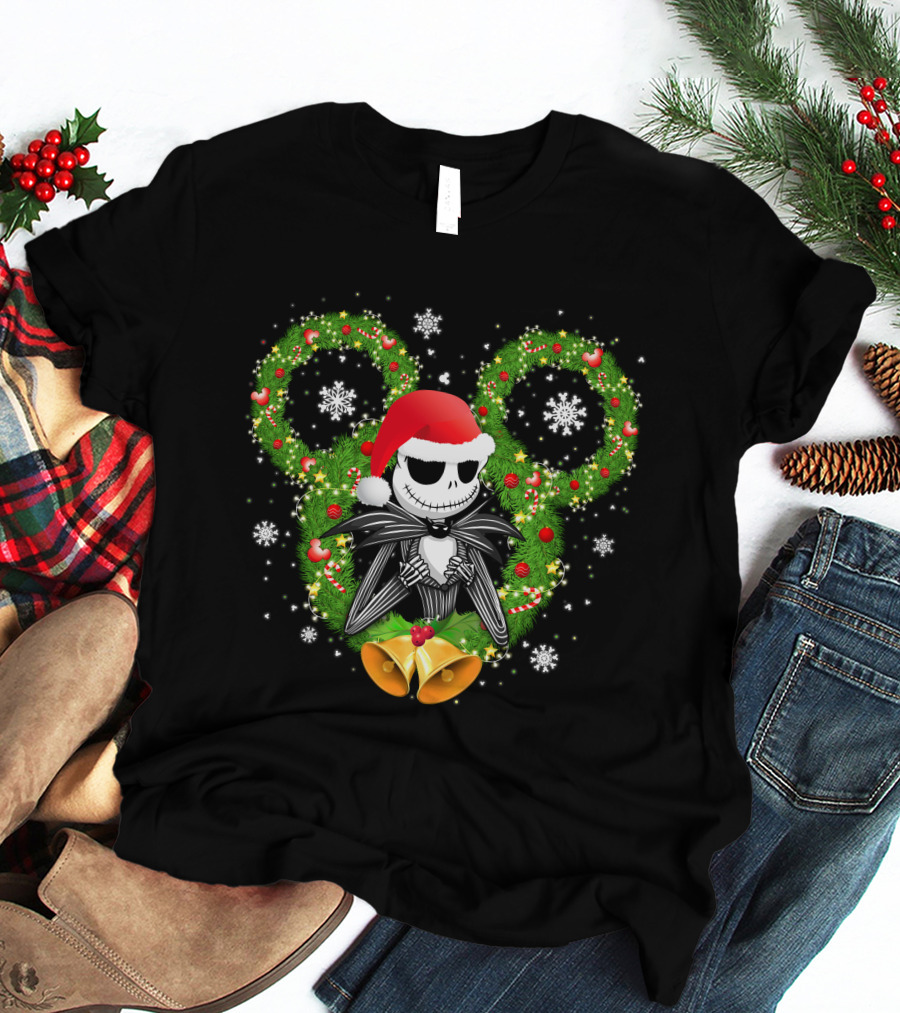Jack Skellington Santa Hat Christmas Wreath Mickey Ears T-Shirt