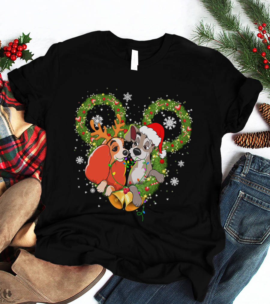 Lady And The Tramp Christmas Wreath Mickey Ears Snowflakes T-Shirt