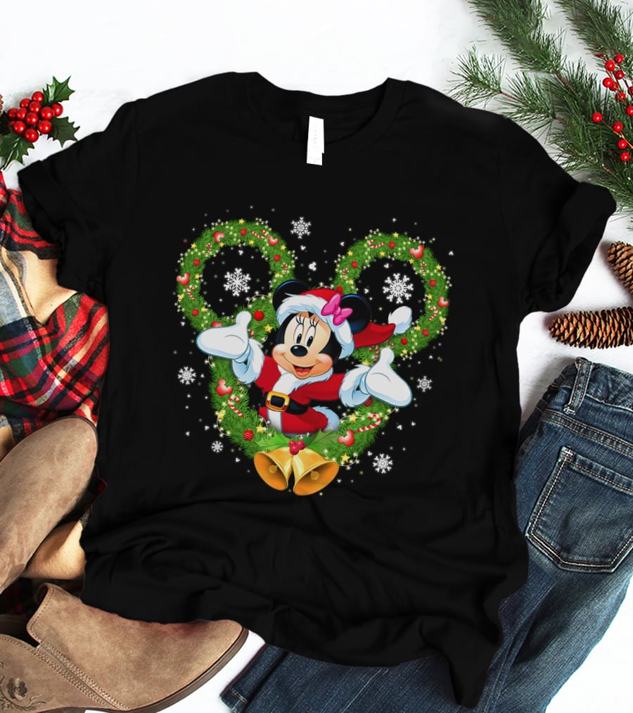 Minnie Mouse Christmas Wreath Santa Snowflakes Bow Bells T-Shirt
