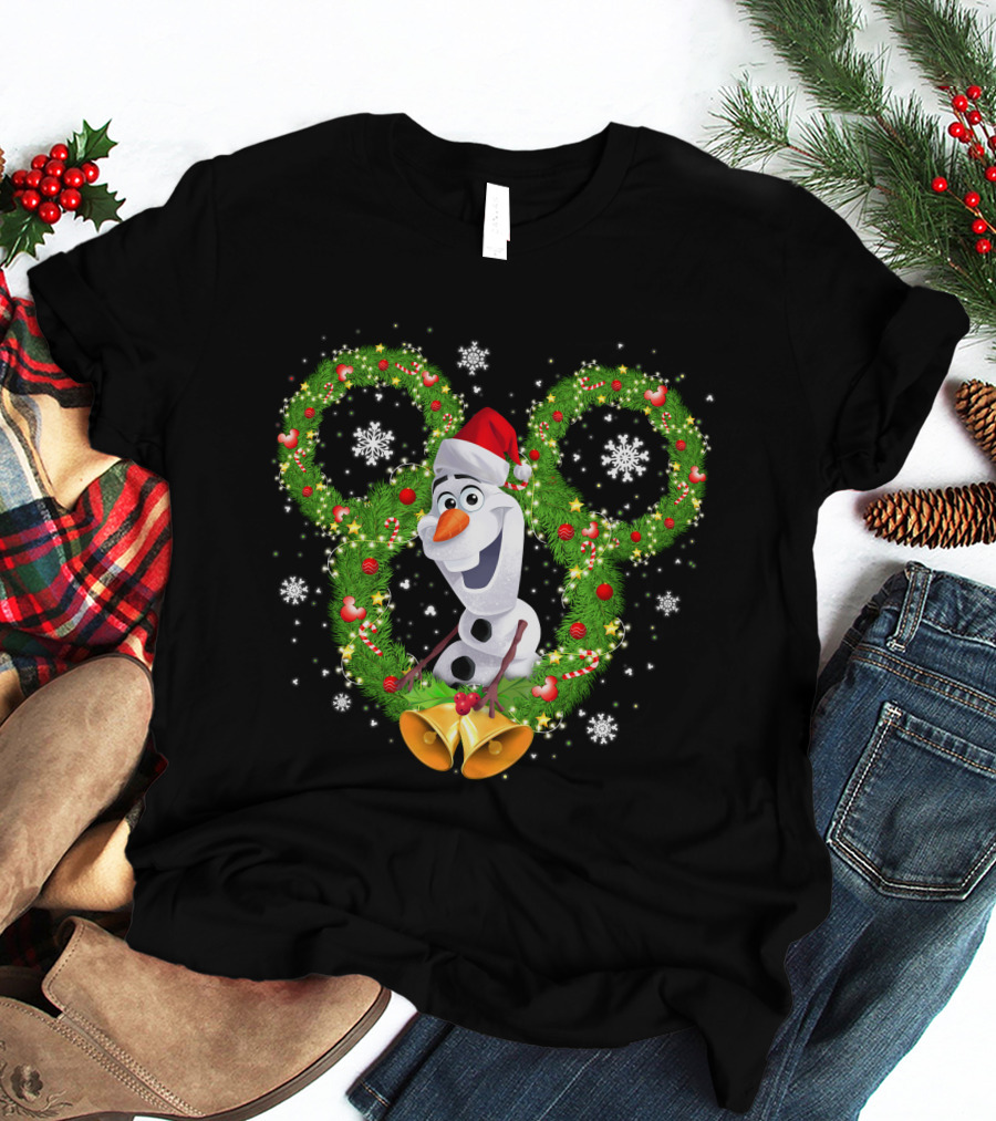 Olaf Frozen Christmas Mickey Wreath With Snowflakes And Santa Hat T-Shirt