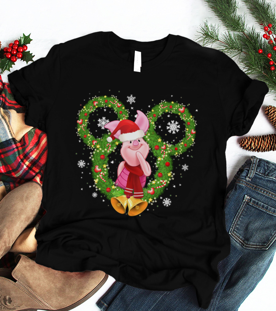 Piglet Christmas Wreath Mickey Mouse Ears Snowflakes Santa Hat T-Shirt