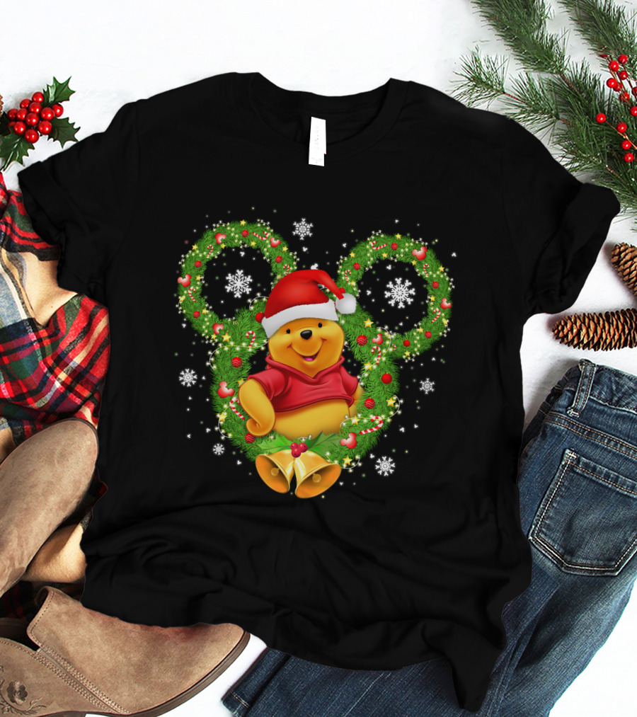 Winnie The Pooh Christmas Mickey Wreath Santa Hat Snowflakes T-Shirt