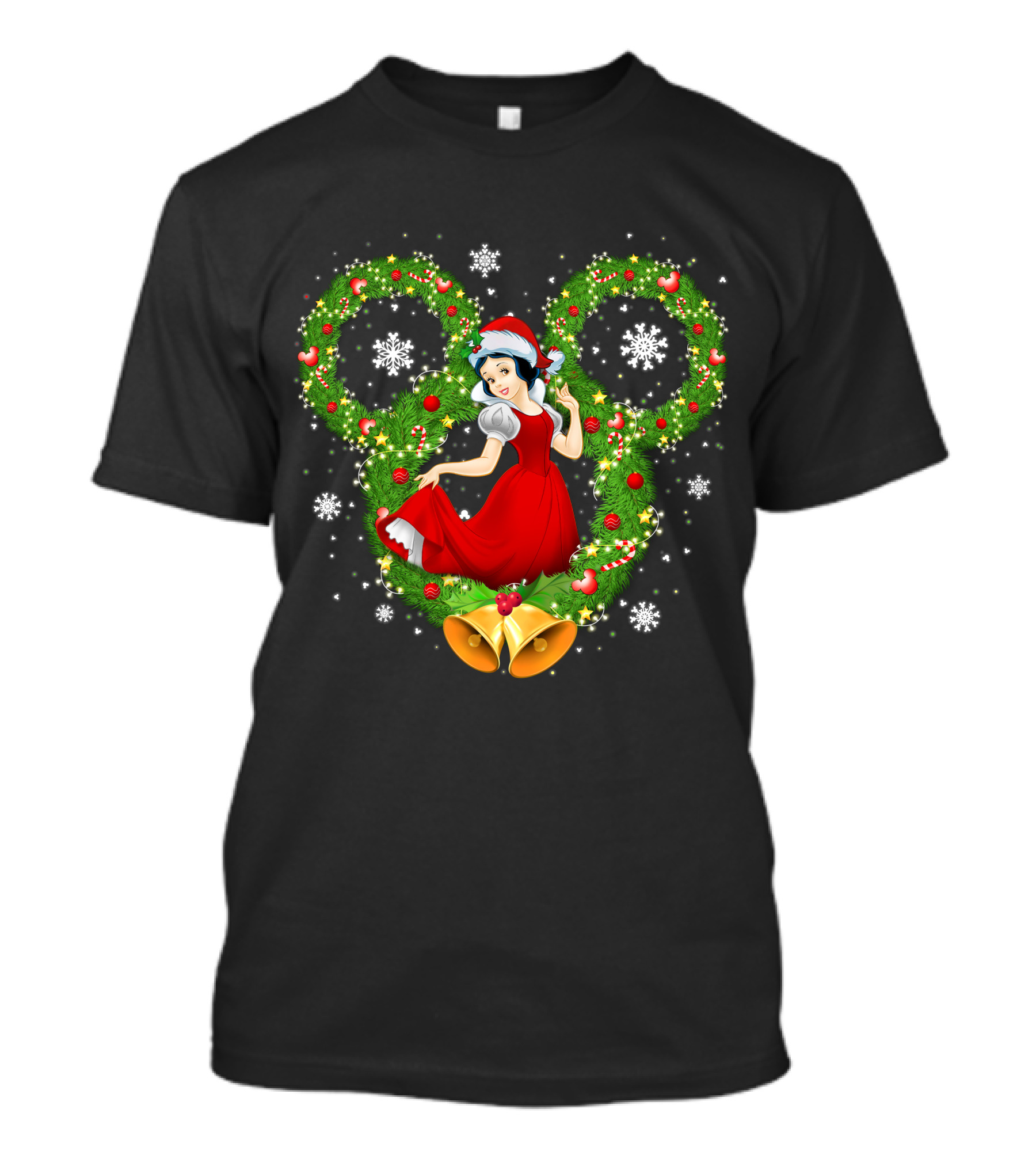 Snow White Christmas Wreath With Mickey Ears And Holiday Bells T-Shirt