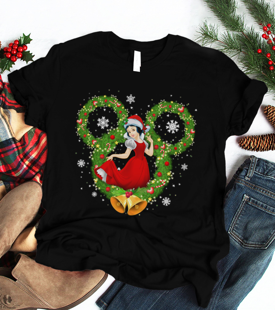 Snow White Christmas Wreath With Mickey Ears And Holiday Bells T-Shirt
