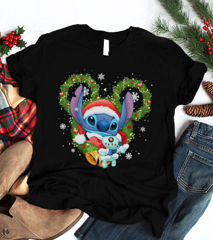 Stitch Santa Christmas Wreath Lilo And Stitch Disney Holiday T-Shirt