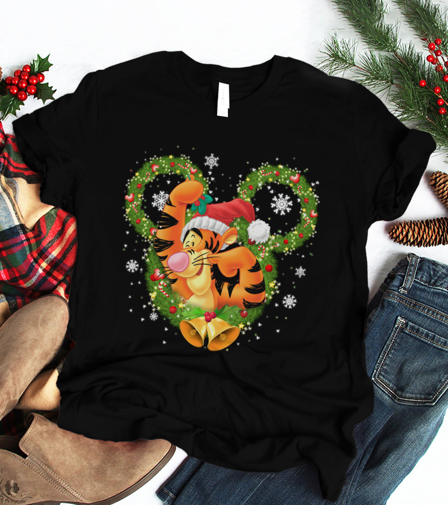 Tigger Christmas Mickey Ears Snowflakes Santa Hat Wreath T-Shirt