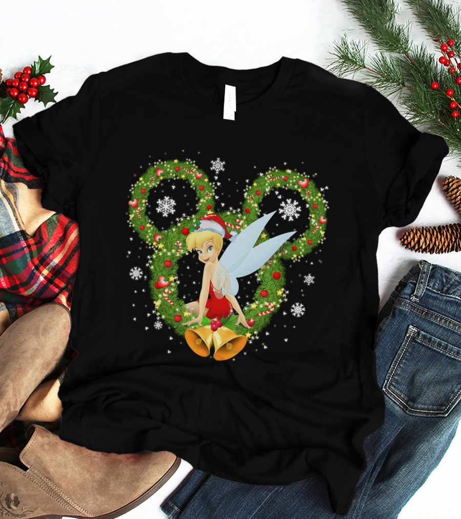 Tinker Bell Christmas Wreath With Santa Hat And Snowflakes T-Shirt