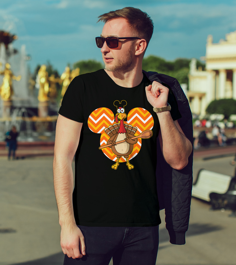 Thanksgiving Turkey With Spoon And Mickey Ears On Chevron T-Shirt