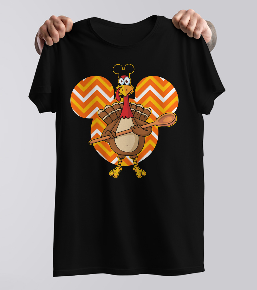 Thanksgiving Turkey With Spoon And Mickey Ears On Chevron T-Shirt