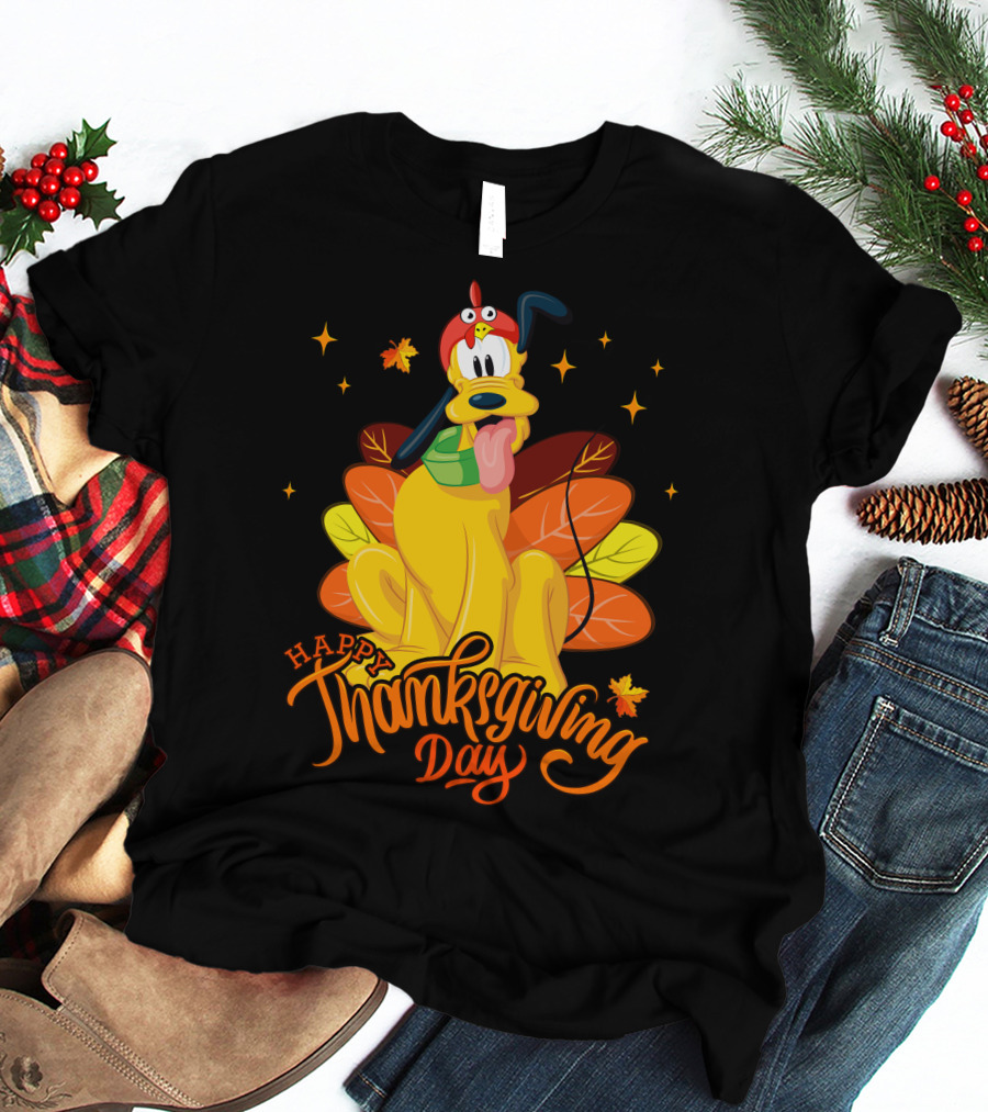 Happy Thanksgiving Day Pluto Turkey Costume Autumn Leaves Stars T-Shirt