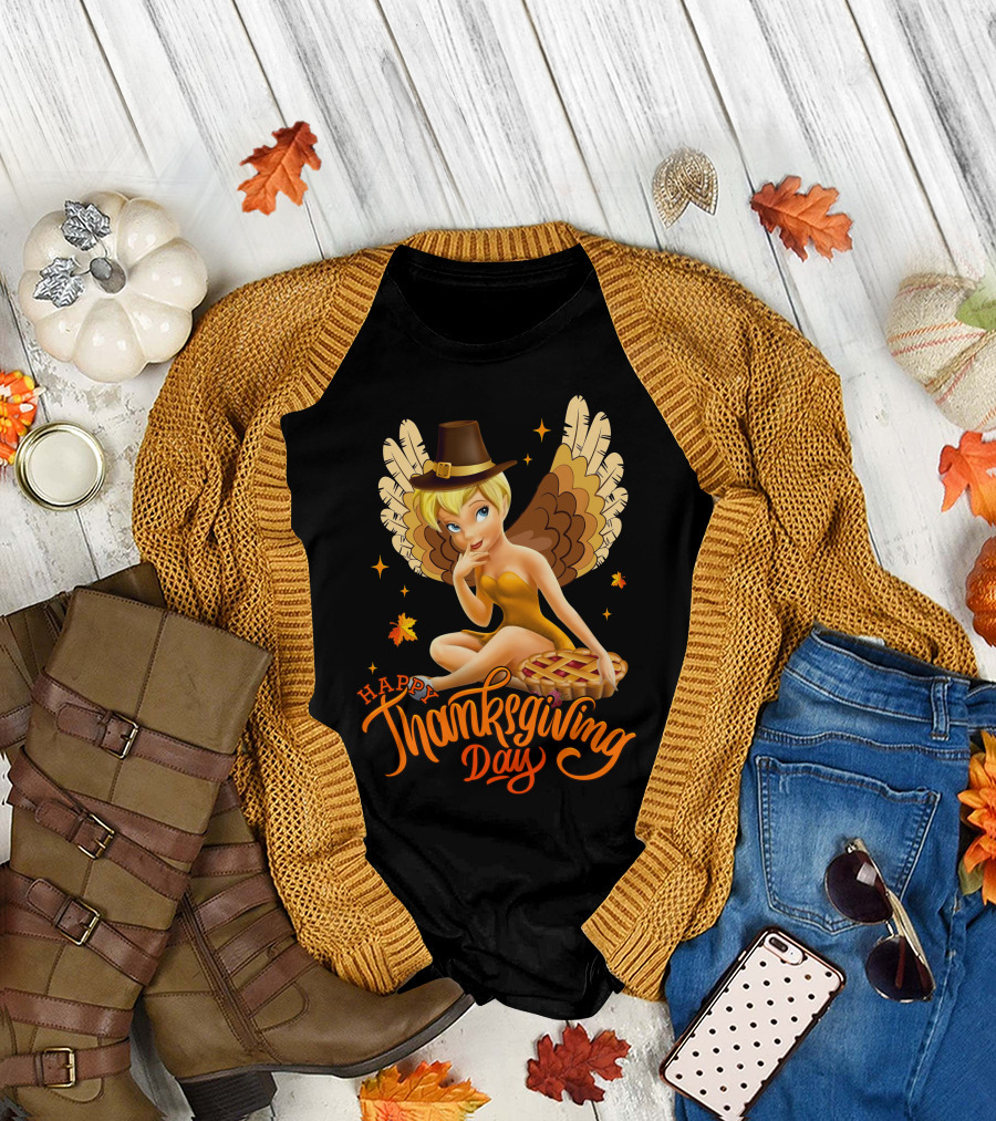 Thanksgiving Day Tinkerbell With Pie And Pilgrim Hat T-Shirt