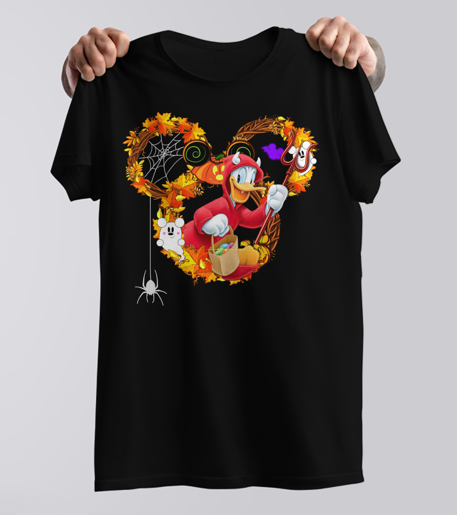 Donald Halloween Devil Costume With Mickey Pumpkin And Autumn Leaves T-Shirt