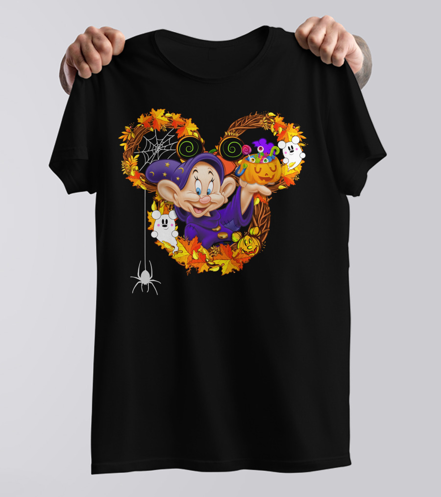 Dopey Halloween Mickey Ears Autumn Leaves Ghosts And Pumpkins T-Shirt