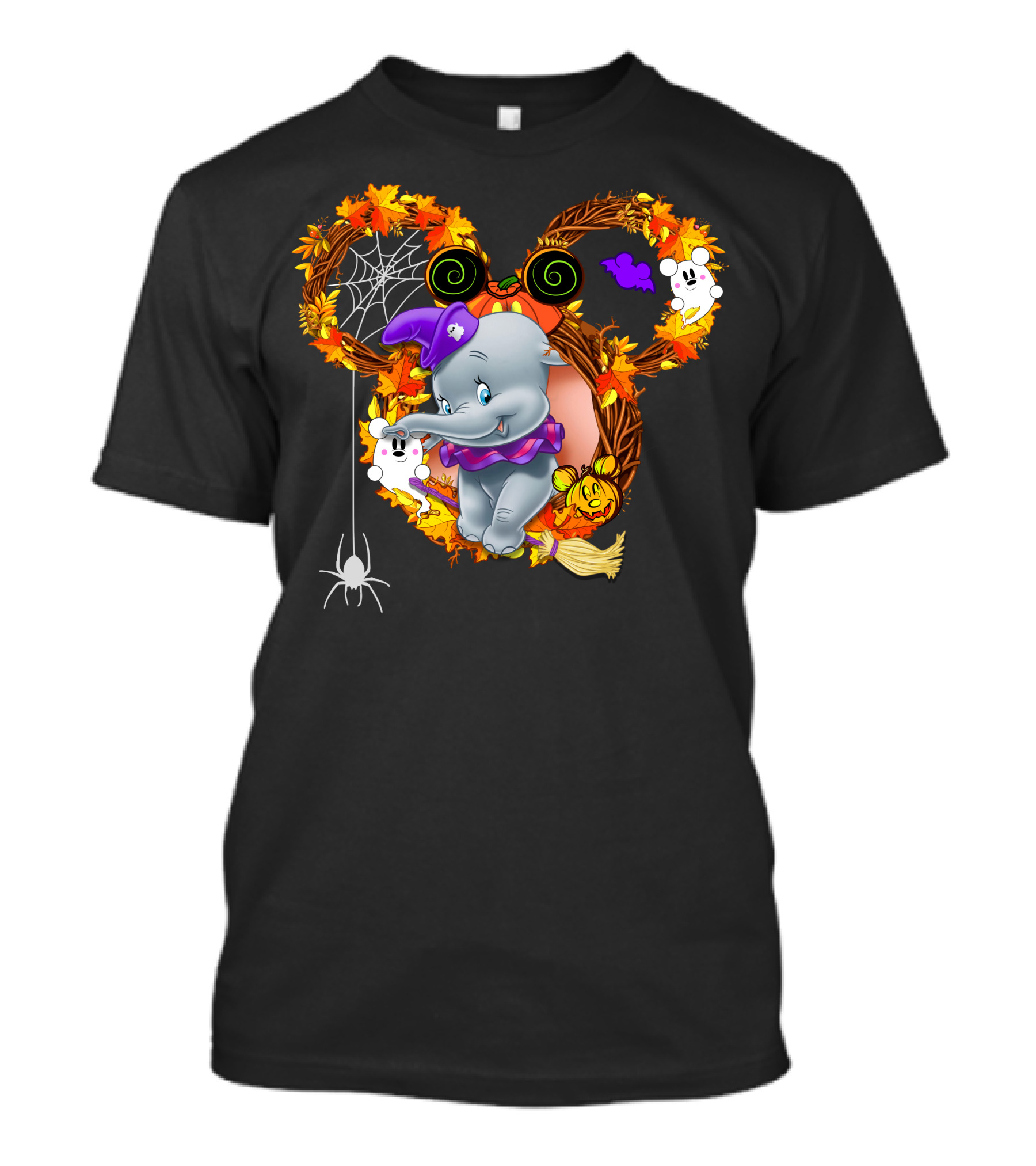 Dumbo Halloween Mickey Ears Fall Leaves Wreath With Ghosts And Spider Web T-Shirt