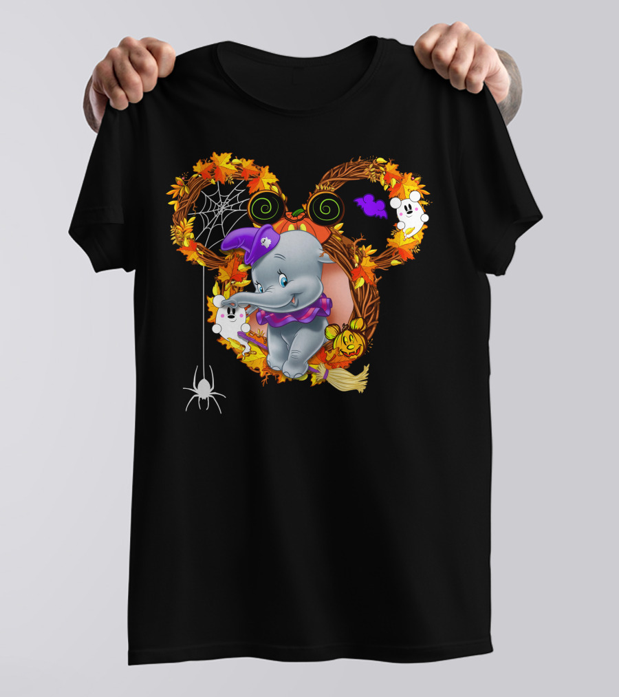 Dumbo Halloween Mickey Ears Fall Leaves Wreath With Ghosts And Spider Web T-Shirt