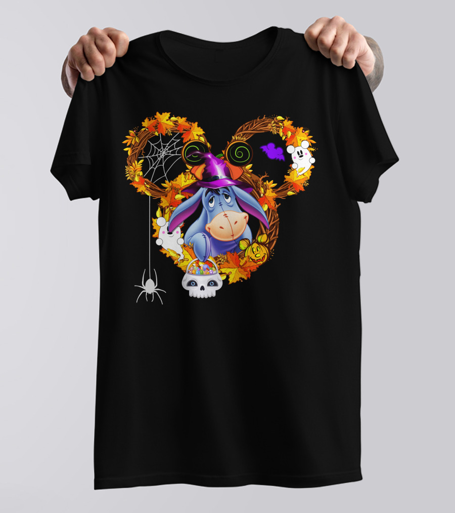 Eeyore Halloween Wreath With Witch Hat And Candy Skulls T-Shirt