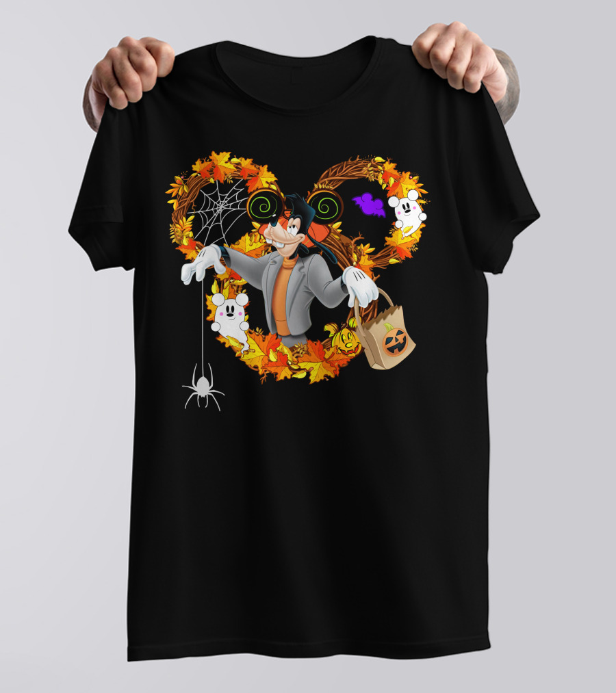 Halloween Goofy In Heart Of Autumn Leaves With Ghosts And Spider T-Shirt