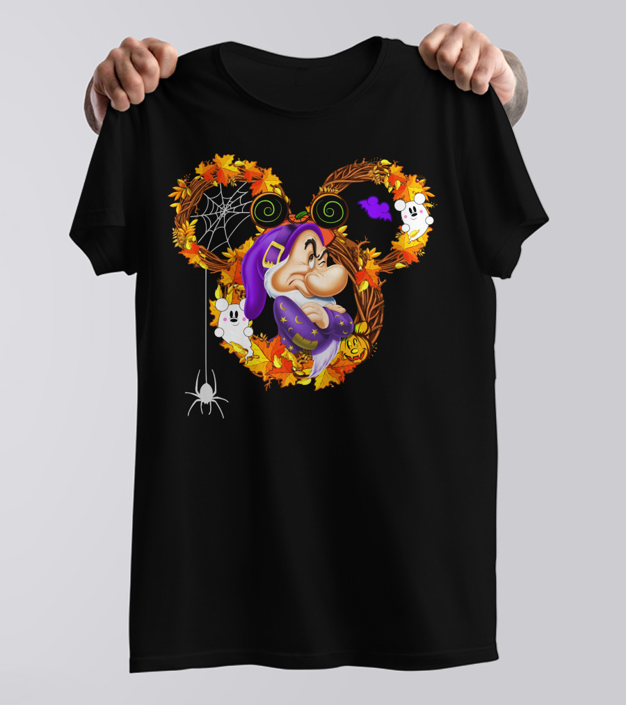 Grumpy Halloween Wreath With Ghosts And Spider Web In Autumn Colors T-Shirt