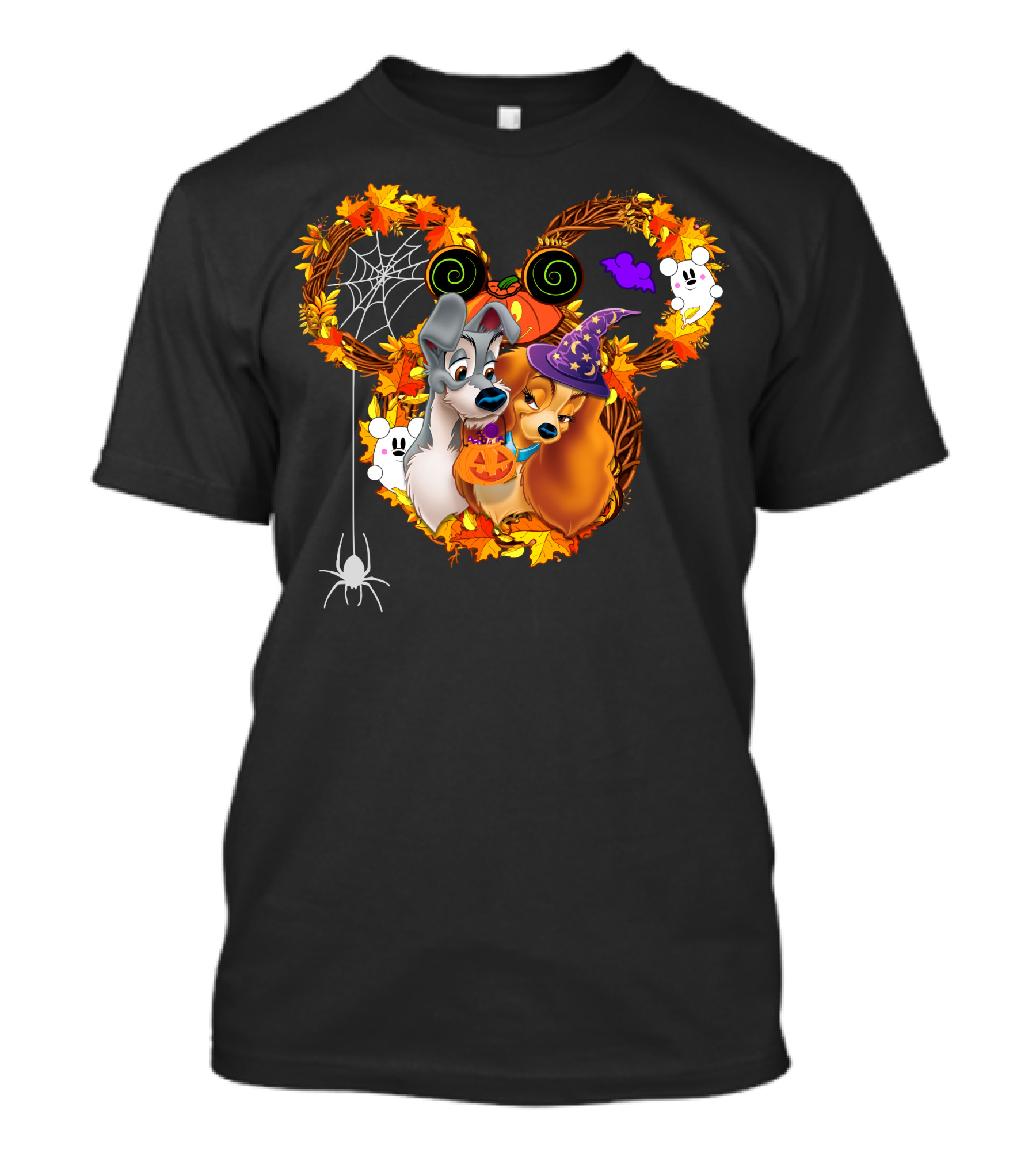 Lady And The Tramp Halloween Wreath With Pumpkins And Ghosts T-Shirt