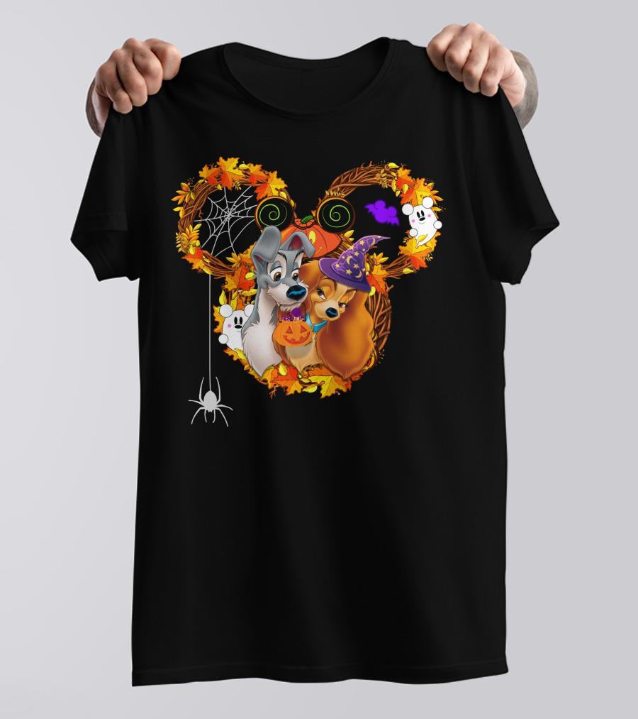 Lady And The Tramp Halloween Wreath With Pumpkins And Ghosts T-Shirt