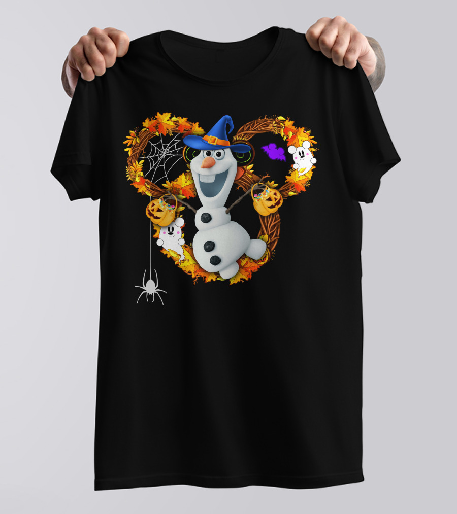 Olaf Halloween Witch Hat Pumpkin Candy Ghosts Spider Web Fall Leaves T-Shirt