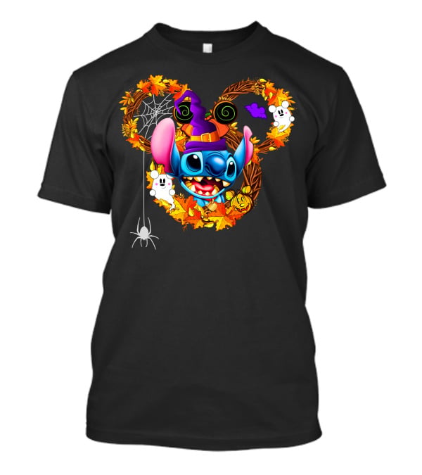 Stitch Halloween Mickey Mouse Ears With Spooky Autumn Leaves And Spider Web T-Shirt