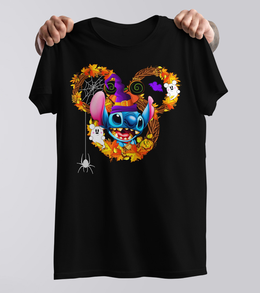 Stitch Halloween Mickey Mouse Ears With Spooky Autumn Leaves And Spider Web T-Shirt