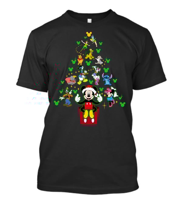 Merry Christmas 42 Disney Characters Tree Mickey Mouse Santa Minnie Stitch Tinker Bell Goofy Pluto Dumbo Winnie The Pooh T-Shirt
