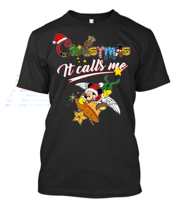 Christmas It Calls Me Mickey Santa Hat Winged Bell T-Shirt