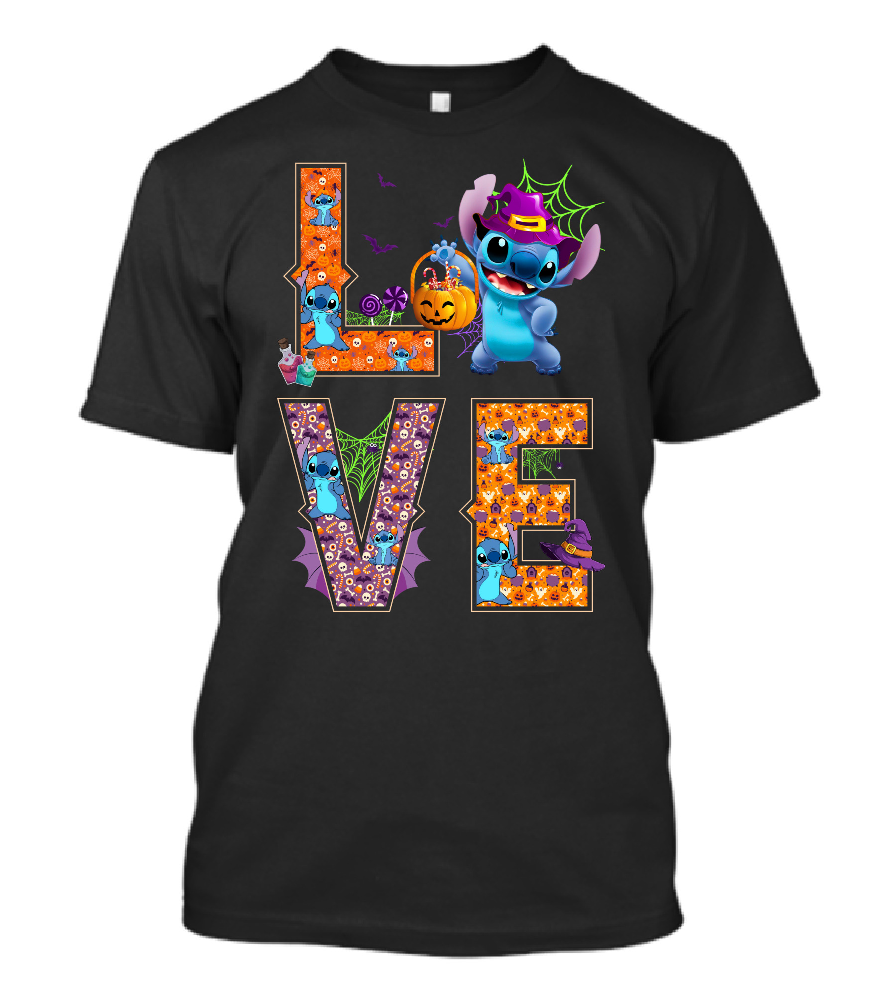 Love Stitch Halloween Theme With Pumpkin And Spiderwebs T-Shirt