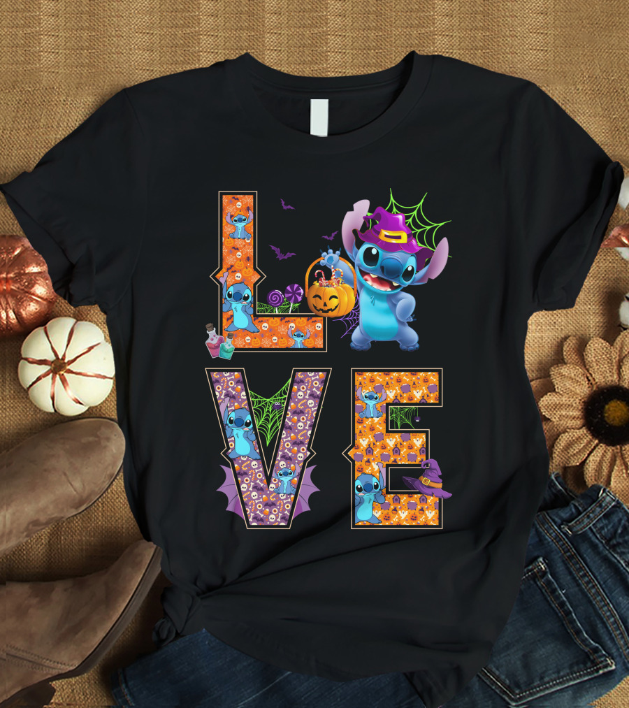Love Stitch Halloween Theme With Pumpkin And Spiderwebs T-Shirt