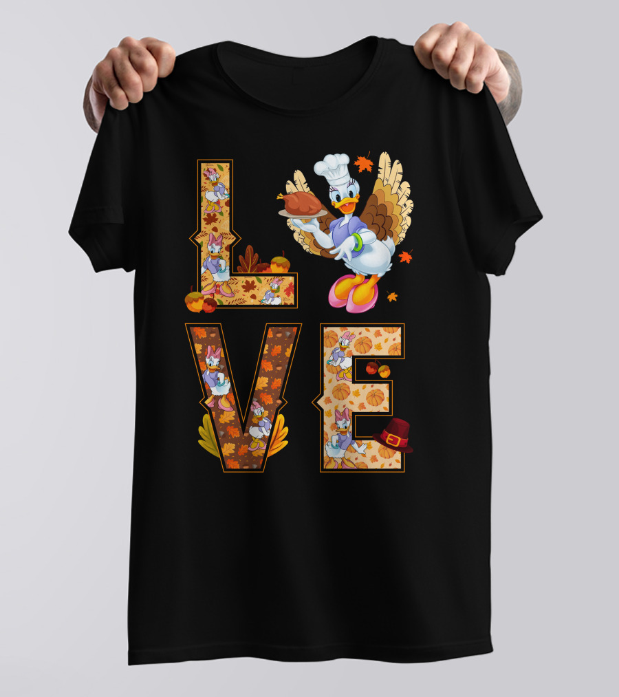 Thanksgiving Daisy Duck Love Fall Leaves Pumpkins Turkey Chef Hat T-Shirt