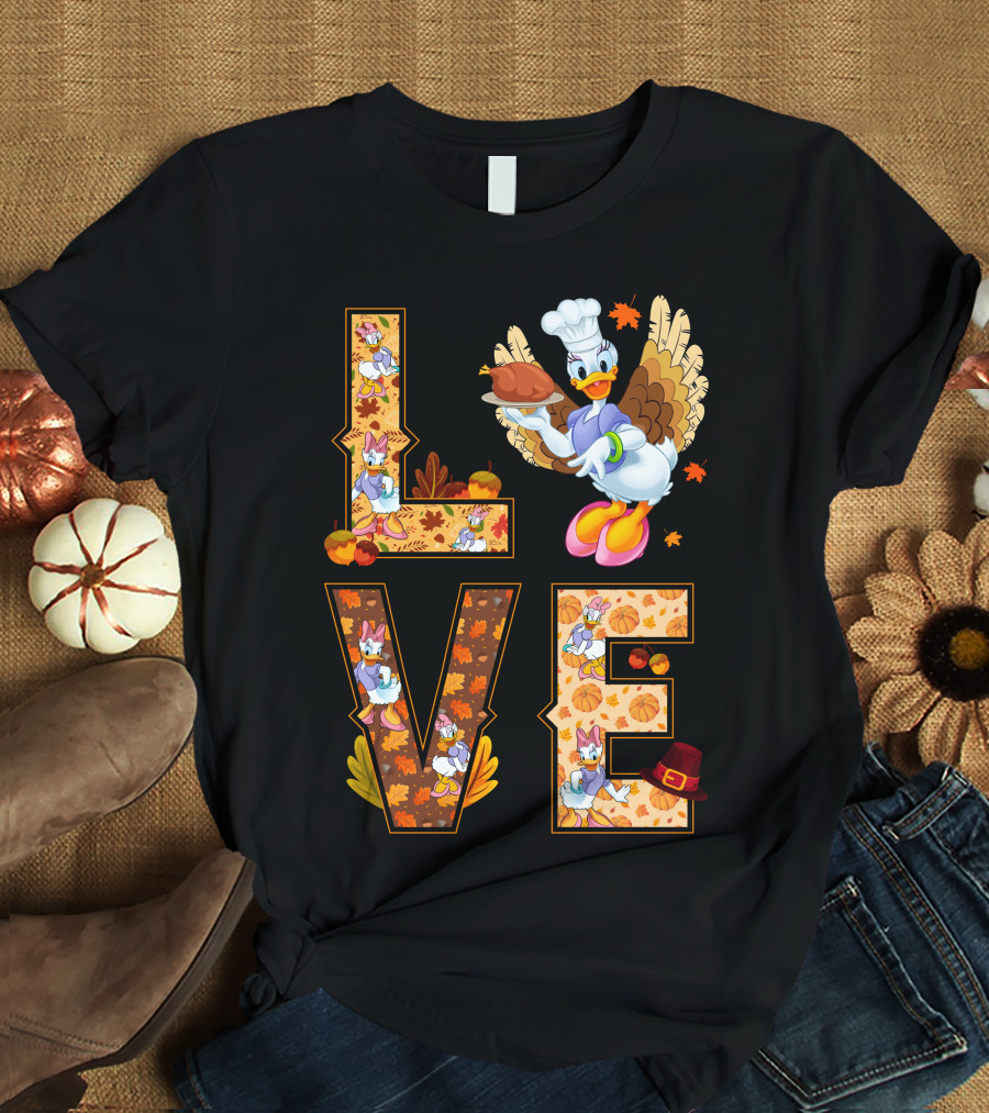 Thanksgiving Daisy Duck Love Fall Leaves Pumpkins Turkey Chef Hat T-Shirt