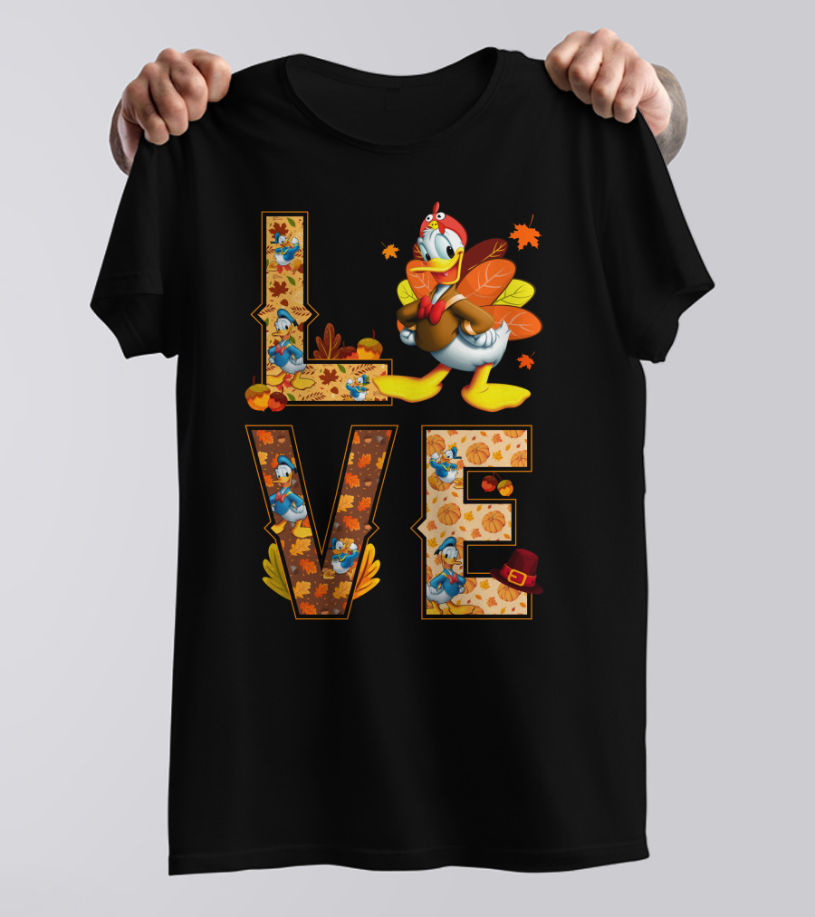 Love Thanksgiving Donald Duck Turkey Autumn Leaves Pumpkins T-Shirt