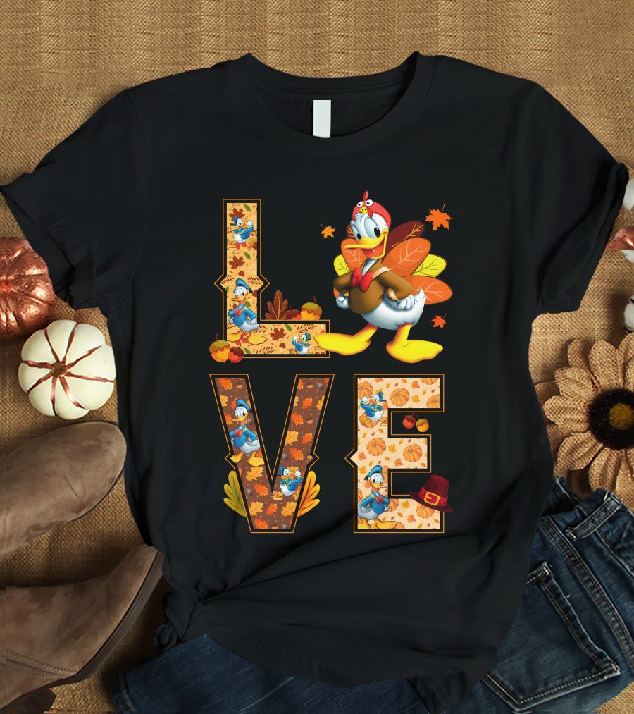 Love Thanksgiving Donald Duck Turkey Autumn Leaves Pumpkins T-Shirt