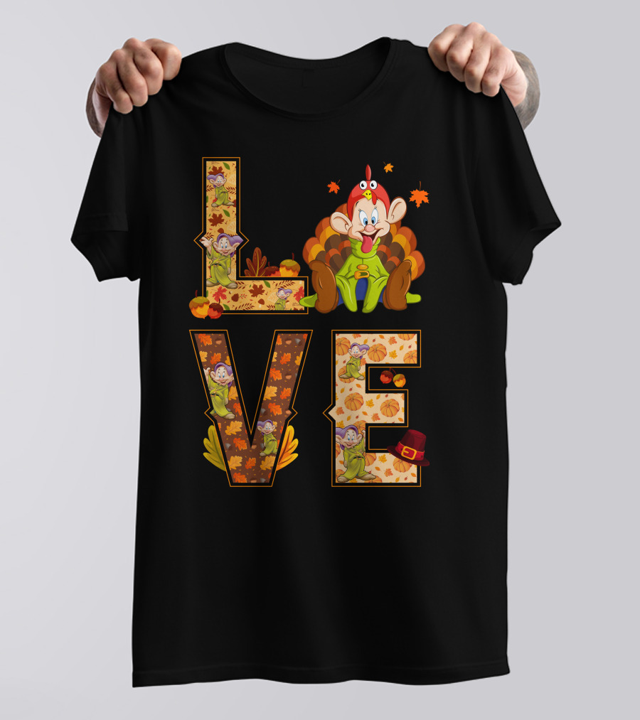 Love Thanksgiving Dopey Characters And Autumn Leaves T-Shirt