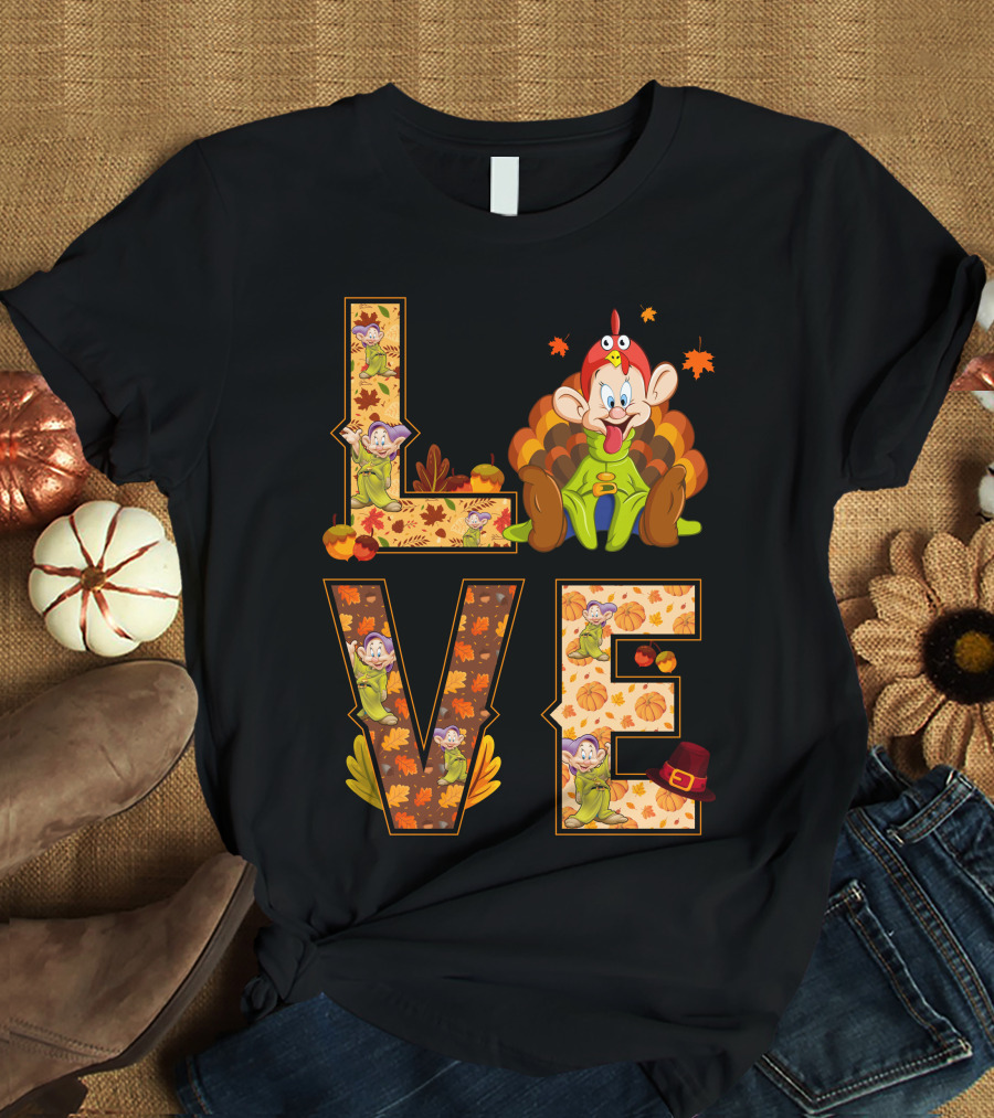 Love Thanksgiving Dopey Characters And Autumn Leaves T-Shirt
