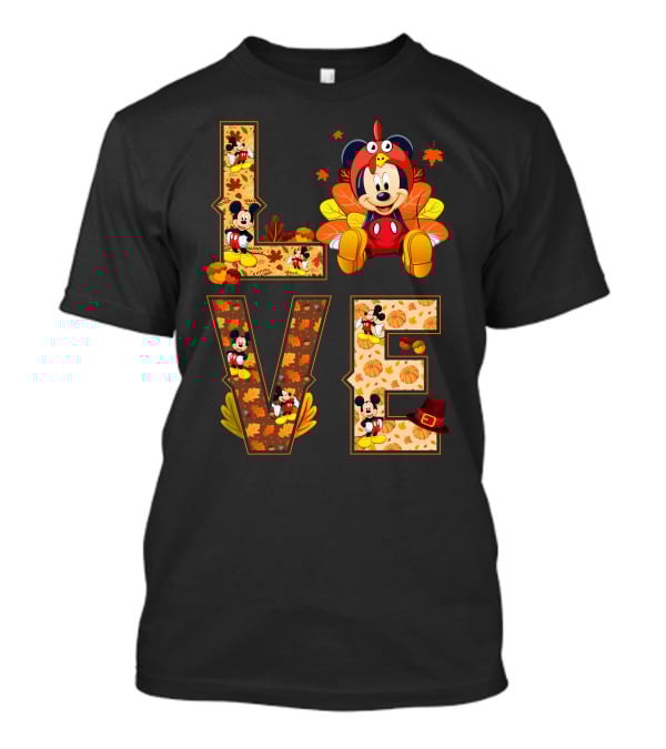 Mickey Love Thanksgiving Theme With Autumn Leaves And Pumpkins T-Shirt