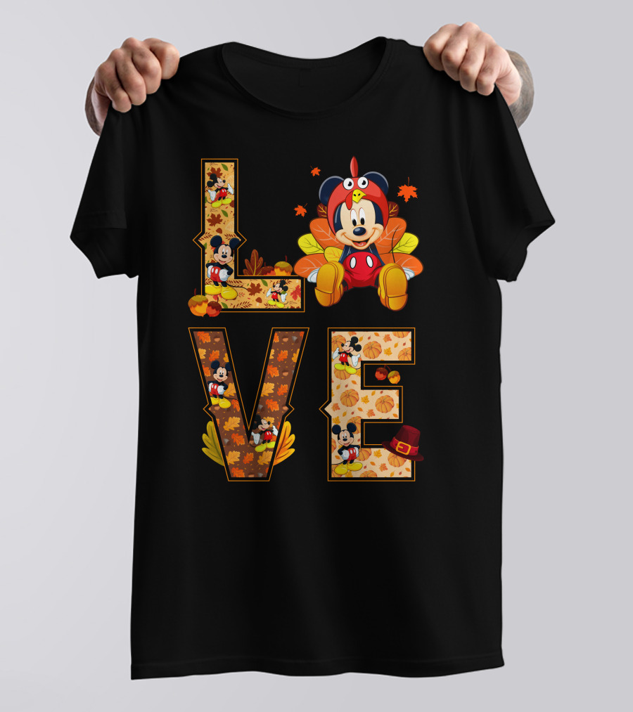Mickey Love Thanksgiving Theme With Autumn Leaves And Pumpkins T-Shirt