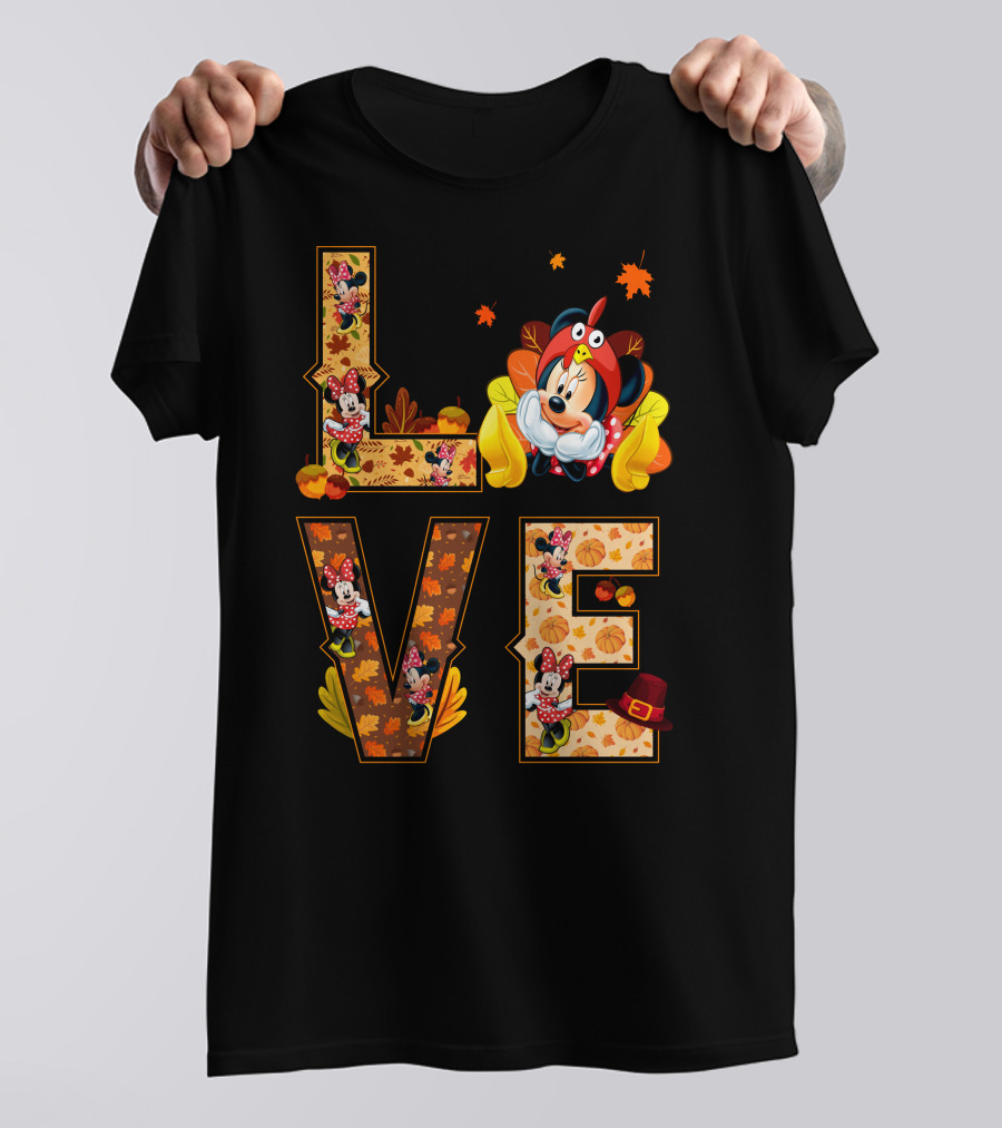 Autumn Love Minnie Mouse Fall Theme With Leaves And Pumpkins T-Shirt